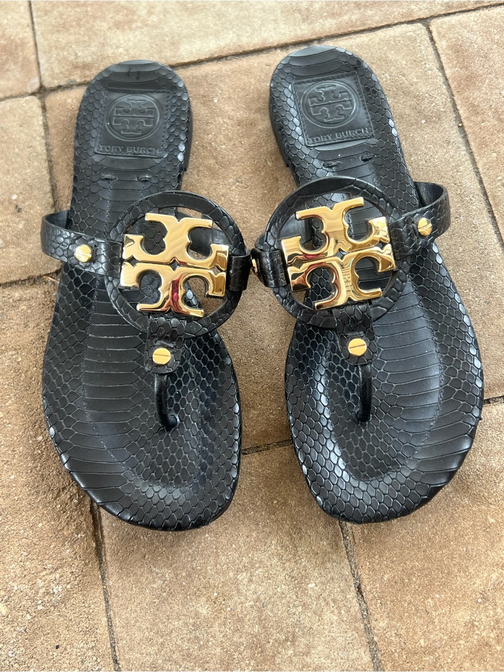 Tory Burch Black Miller Thong Sandal with Gold Logo Medallion